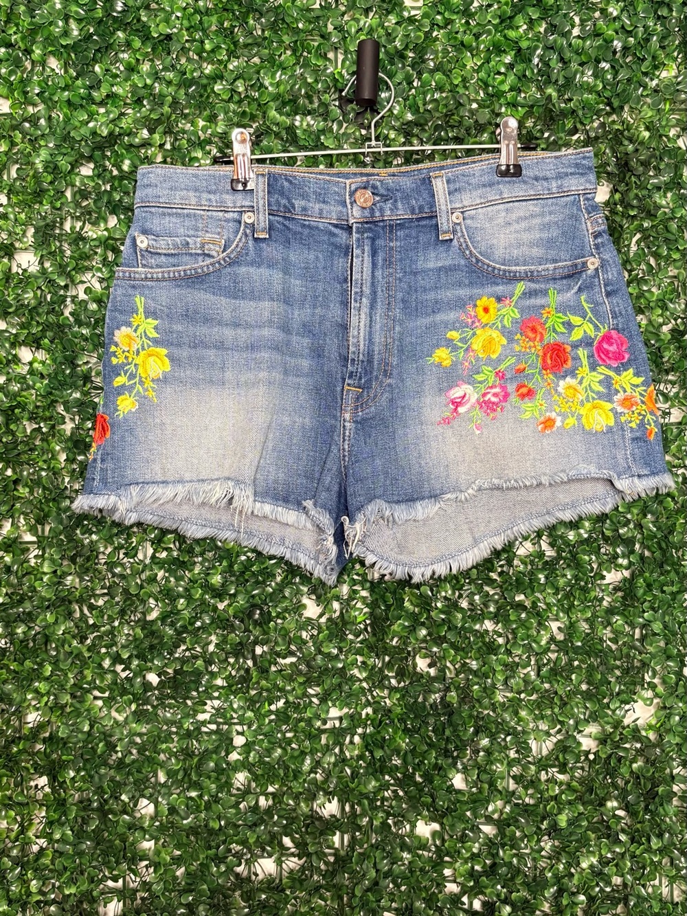 7 For All Mankind Blue Denim Floral Embroidered Cutoff Shorts